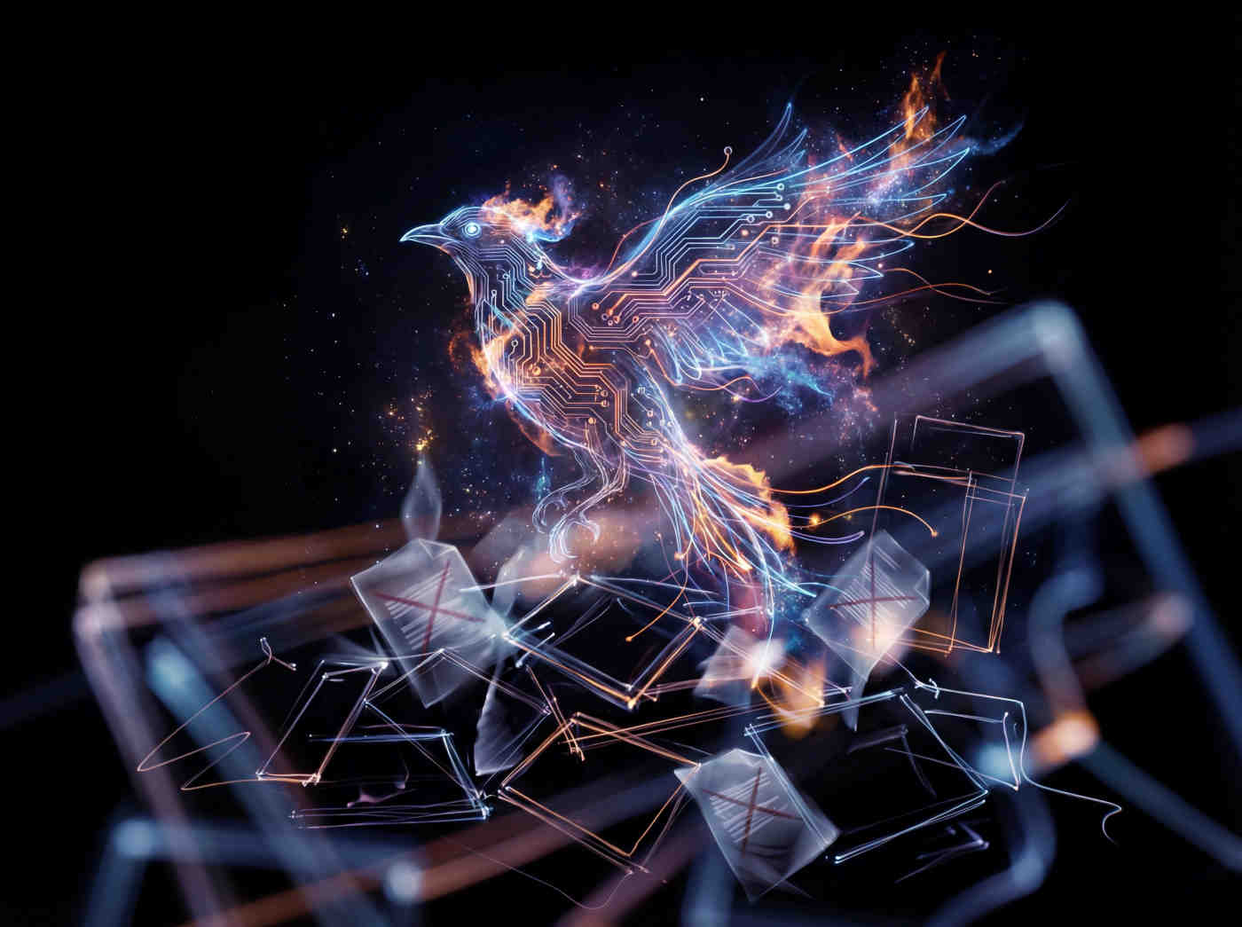 A mythical phoenix rising from ashes, but its wings are made of green circuit boards and gold traces, fire is digital data streams, cinematic lighting.