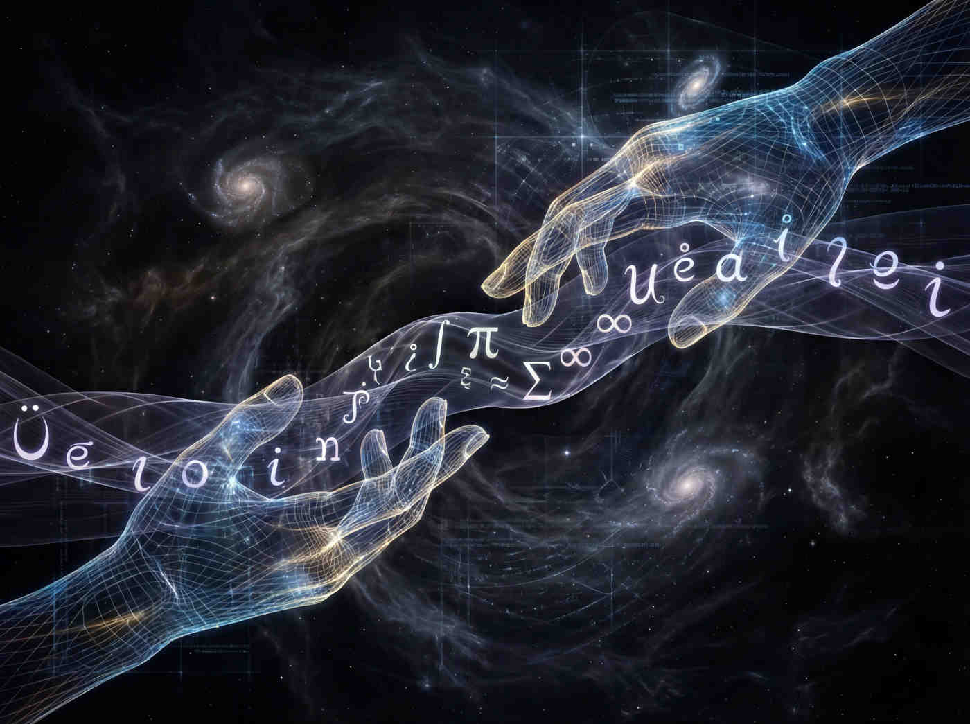 Two human hands reaching towards each other, connected by a floating bridge of glowing mathematical symbols and Greek letters, ethereal connection, concept of AI and human unity.
